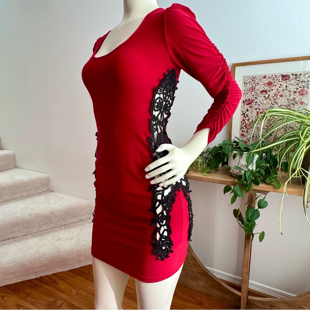 Long sleeve Red Bodycon Mini Dress with Side Cutouts